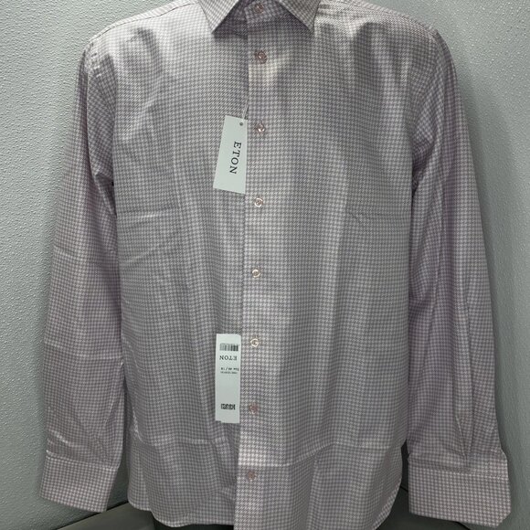 NEW ETON Men’s Twill Checkered Long-Sleeve Shirt Pink/Light Blue Size 44/17.5 - Picture 1 of 13